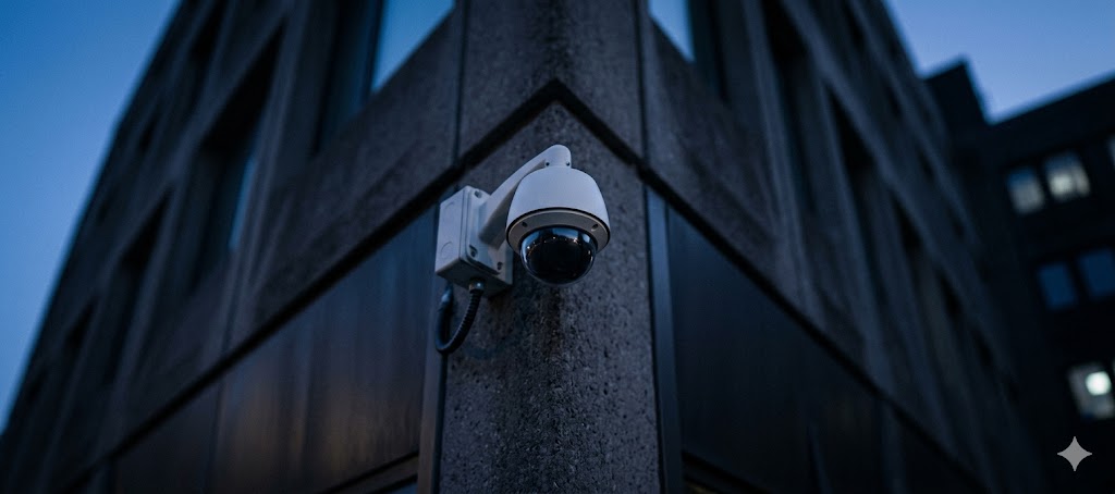 IP security camera on exterior wall
